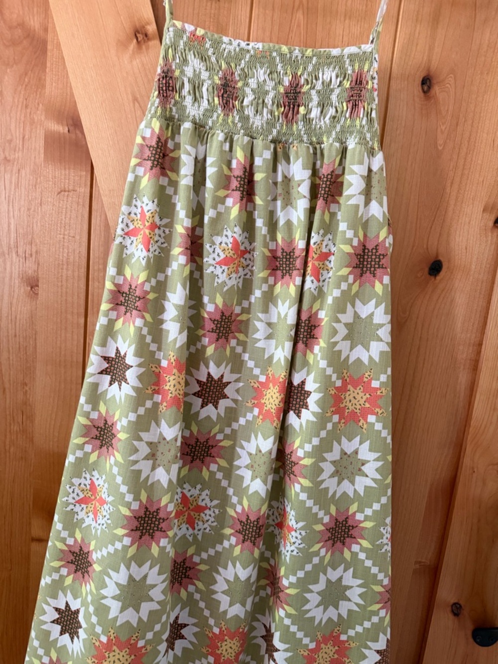 Prairie Farm Cottagecore Boho Country Star Quilt Print Sage Green Maxi Pinafore - Picture 6 of 11